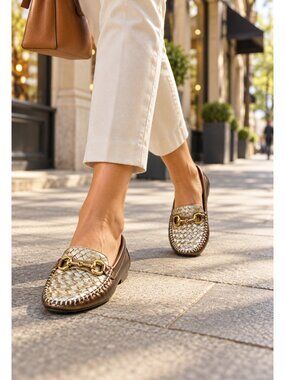 Robert Zur Womens Size 7.5 M Perlata Leather Horsebit Driving Loafers Shoes gold